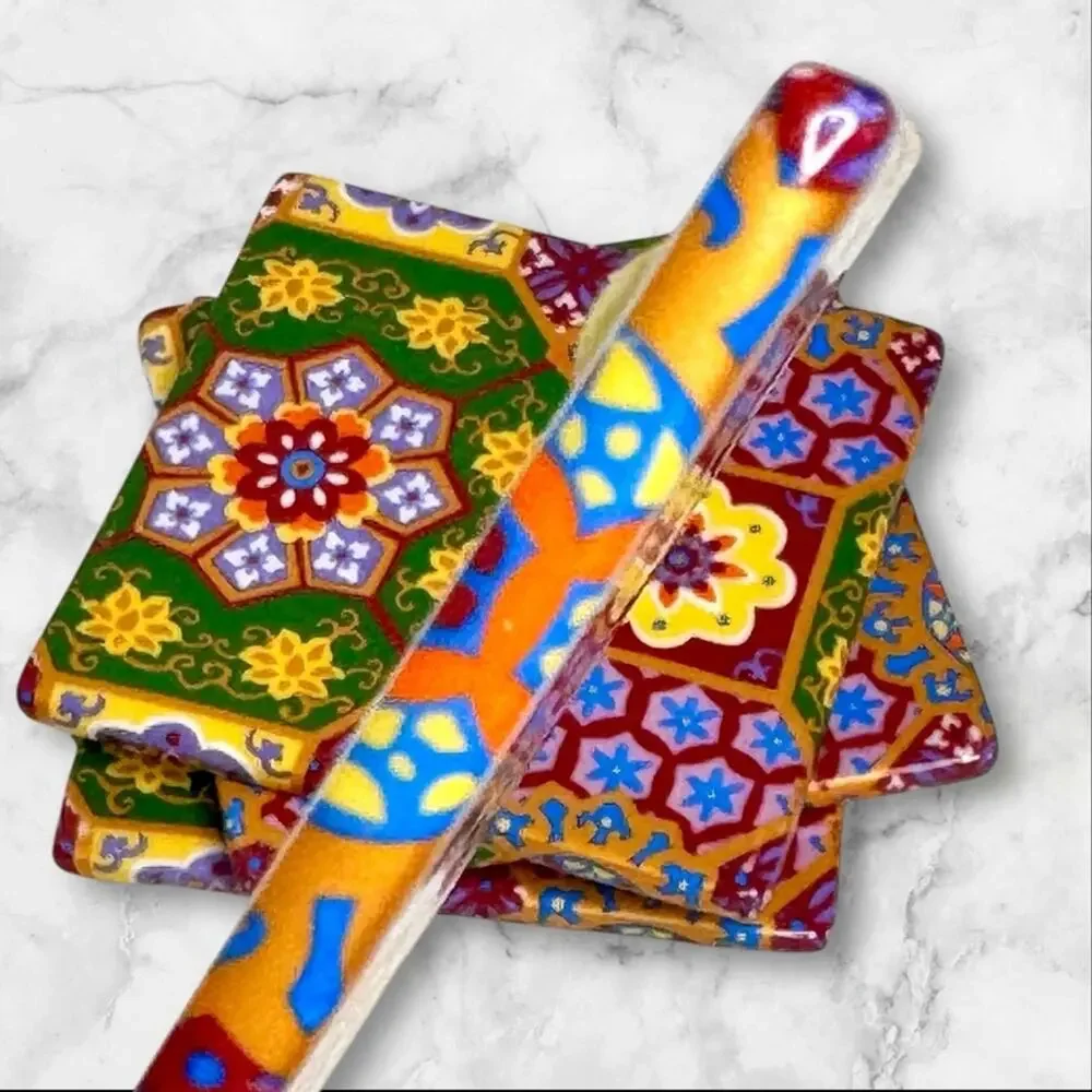 Ceramic Tile Coasters Colorful Talavera-Style Geometric Drink Floral Boho Set 4